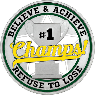 Yellow "Champs!" with Dark Green Outer Circular Borders
